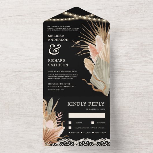 Rustic Boho Dried Palm Pampas Black Wedding All In One Einladung (Innen Boden)