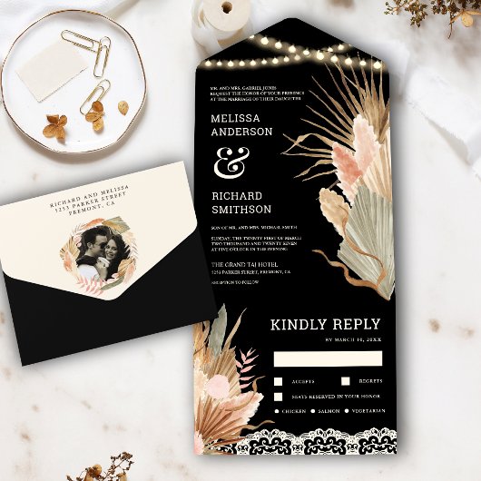 Rustic Boho Dried Palm Pampas Black Wedding All In One Einladung