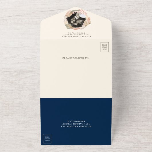 Rustic Boho Dried Palm Pampas Navy Blue Wedding All In One Einladung (Außenbereich)