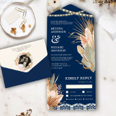 Rustic Boho Dried Palm Pampas Navy Blue Wedding All In One Einladung
