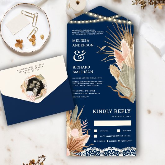 Rustic Boho Dried Palm Pampas Navy Blue Wedding All In One Einladung