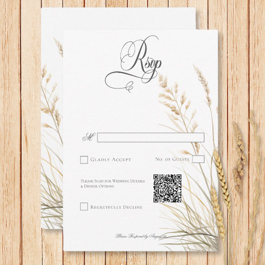 Rustic Boho Dried Tan Grass Wedding QR Code RSVP Karte