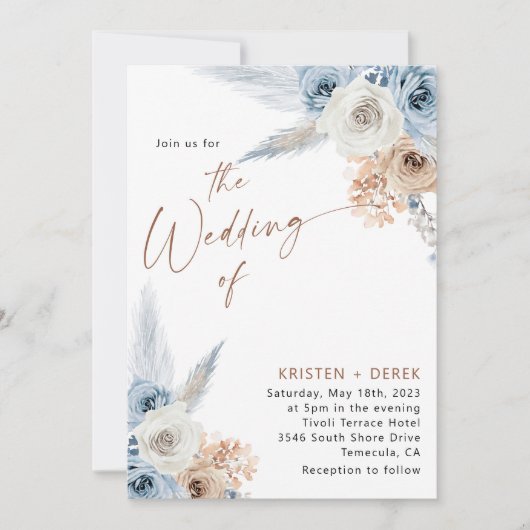 Rustic Boho Dusty Blue Floral Wedding Einladung (Vorderseite)