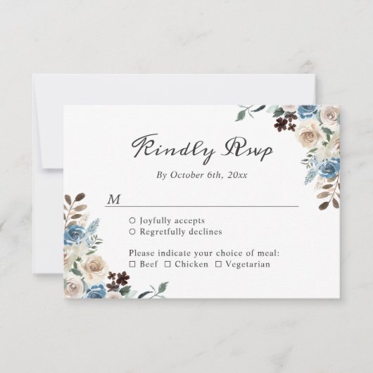 Rustic Boho Dusty Blue Floral Wedding RSVP Karte (Vorderseite)