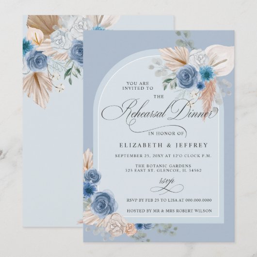 Rustic Boho Dusty Blue Pampas Probe Dinner Einladung (Vorne/Hinten)