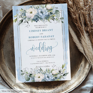 Rustic Boho Dusty Blue Silver Rose Hochzeit Einlad Einladung