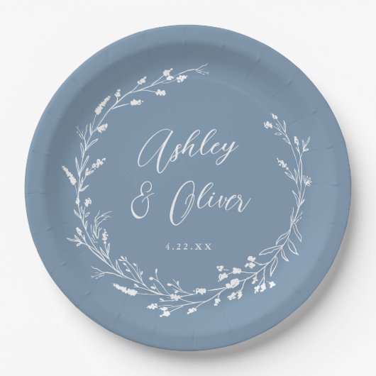 Rustic Boho Dusty Blue Wildblume Blumenhochzeit Pappteller (Vorderseite)