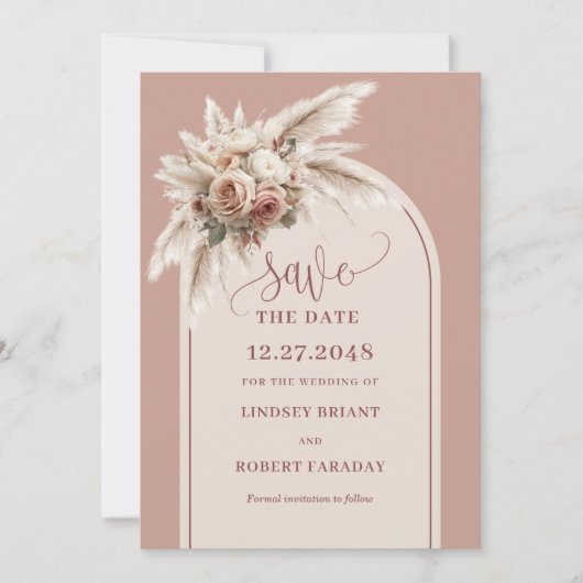Rustic Boho Dusty Pink Arch Floral Save the Date Einladung (Vorderseite)
