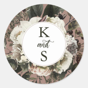 Rustic Boho Dusty Pink Floral Wedding Monogram Cla Runder Aufkleber