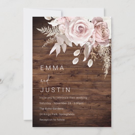 Rustic Boho Dusty Rose Blush Floral Wedding Einladung (Vorderseite)
