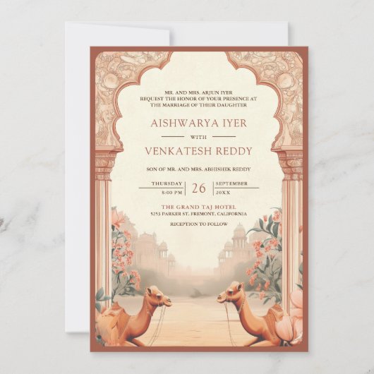 Rustic Boho Earthy Floral Indian Camel Wedding Einladung (Vorderseite)