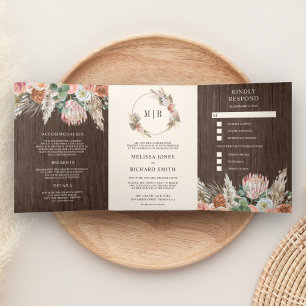 Rustic Boho Earthy Floral Pampas Barn Wood Wedding Dreifach Gefaltete Einladung