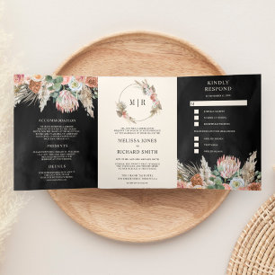 Rustic Boho Earthy Floral Pampas Black Wedding Dreifach Gefaltete Einladung