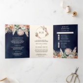 Rustic Boho Earthy Floral Pampas Navy Blue Wedding Dreifach Gefaltete Einladung (Innenseite)