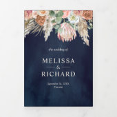 Rustic Boho Earthy Floral Pampas Navy Blue Wedding Dreifach Gefaltete Einladung (Cover)