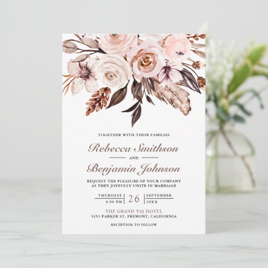 Rustic Boho Earthy Ivory Floral QR Code Wedding Einladung (Stehend Vorderseite)