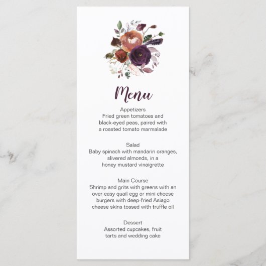 Rustic Boho Eggplant Lila Butter Rum Menu Cards Menükarte (Vorderseite)