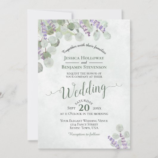Rustic Boho Eucalyptus & Lavender QR Code Wedding Einladung (Vorderseite)