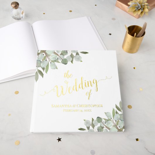 Rustic Boho Eucalyptus Verlasst Elegante Foil Wedd Gästebuch (Vorderseite Offen)