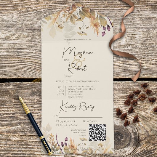 Rustic Boho Fall Wildblumen Creme QR Code All In One Einladung