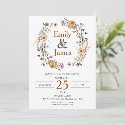 Rustic Boho Fall Wildblumen Hochzeit Einladung (Stehend Vorderseite)