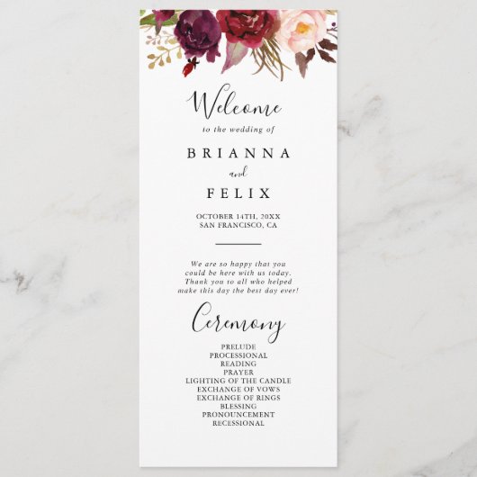 Rustic Boho farbenfrohe Blumenzettel Programm (Vorderseite)