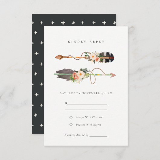 Rustic Boho Feather Floral Arrow Wedding RSVP Begleitkarte (Vorne/Hinten)