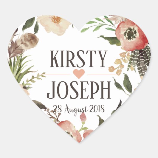 Rustic Boho Feather Floral Wreath Wedding Sticker (Vorderseite)