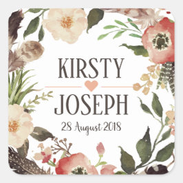 Rustic Boho Feather Floral Wreath Wedding Sticker