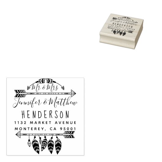 Rustic Boho Feathers and Arrows Mr. & Mrs. Address Gummistempel (Stempel)