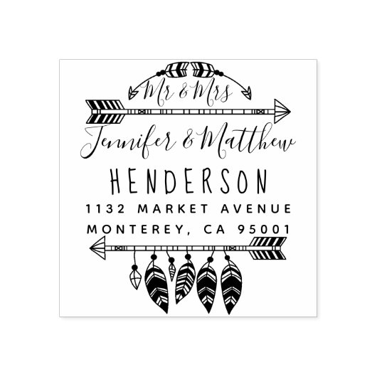 Rustic Boho Feathers and Arrows Mr. & Mrs. Address Gummistempel (Prägung)