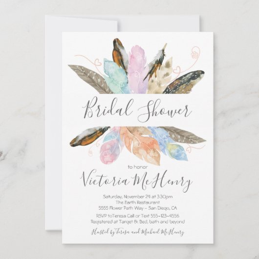 Rustic Boho Feathers Watercolor Brautparty Einladung (Vorderseite)