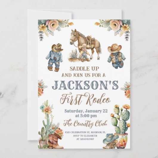 Rustic Boho First Rodeo Wild West Boy 1. Geburtsta Einladung (Vorderseite)