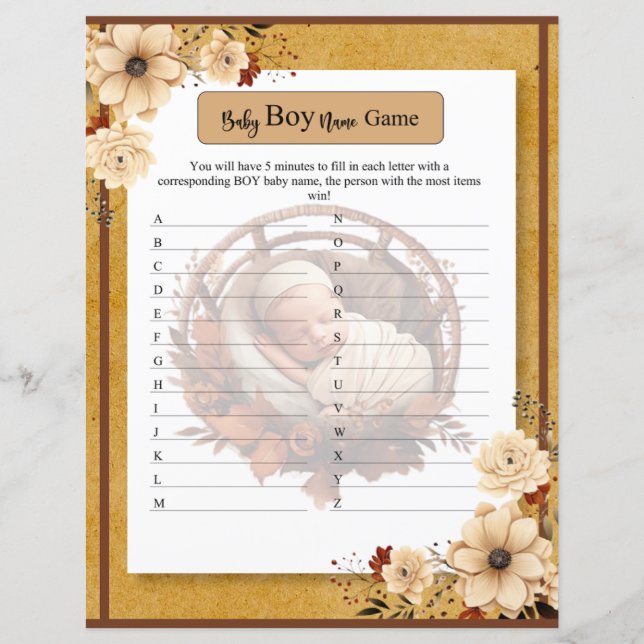 Rustic Boho Floral Baby Shower Baby Boy Name Game (Vorderseite)
