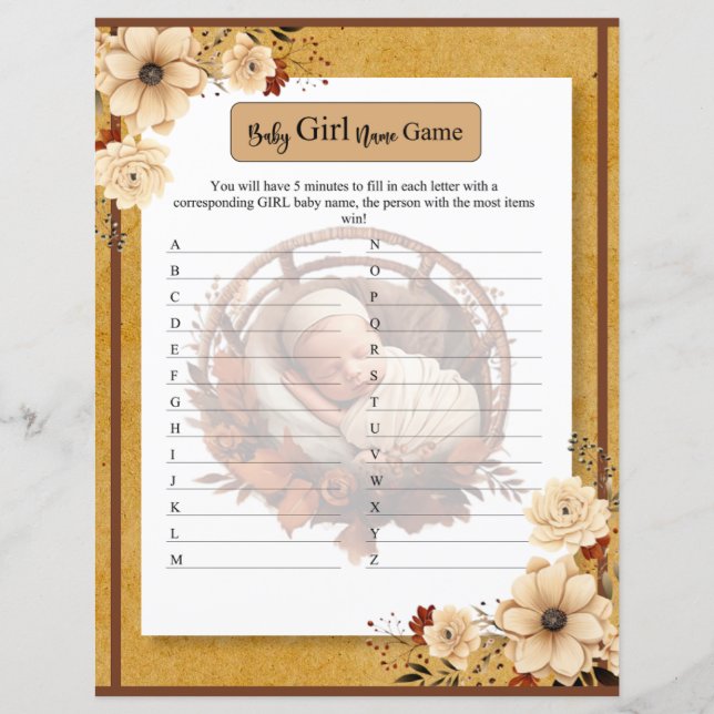 Rustic Boho Floral Baby Shower Baby Girl Name Game (Vorderseite)