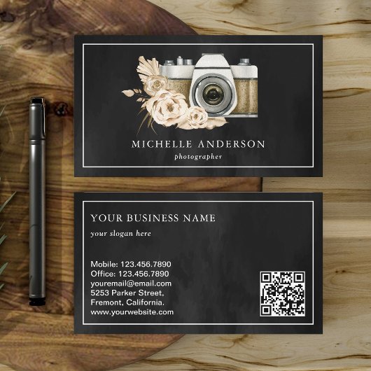 Rustic Boho Floral Camera QR Code Fotograf Visitenkarte
