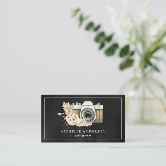 Rustic Boho Floral Camera QR Code Fotograf Visitenkarte (Stehend Vorderseite)