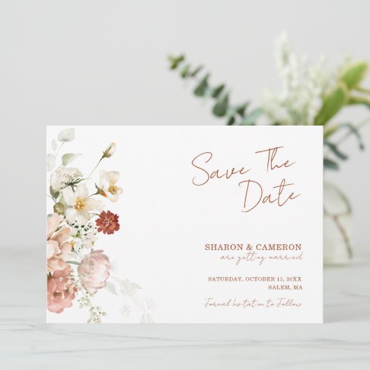 Rustic Boho Floral Garden Wedding Save The Date (Stehend Vorderseite)