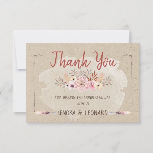 Rustic Boho Floral Kraft Wedding Dankeskarte (Vorderseite)