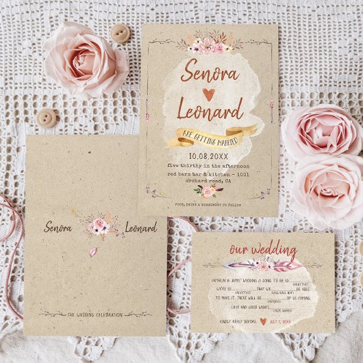 Rustic Boho Floral Kraft Wedding Einladung