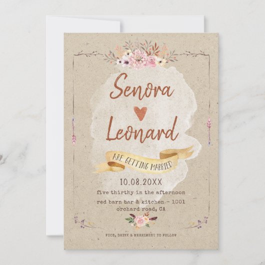 Rustic Boho Floral Kraft Wedding Einladung (Vorderseite)