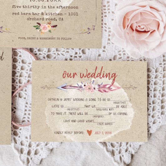 Rustic Boho Floral Kraft Wedding RSVP Karte