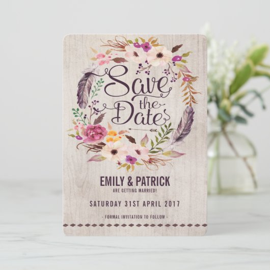 Rustic Boho Floral Save the Date Einladung (Stehend Vorderseite)