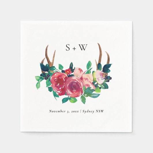 Rustic Boho Floral Stag Antlers Monogram Wedding Serviette (Vorderseite)