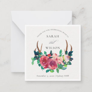 Rustic Boho Floral Stag Antlers Wedding Vielen Dan Mitteilungskarte