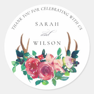 Rustic Boho Floral Stag Antlers Wedding Vielen Dan Runder Aufkleber