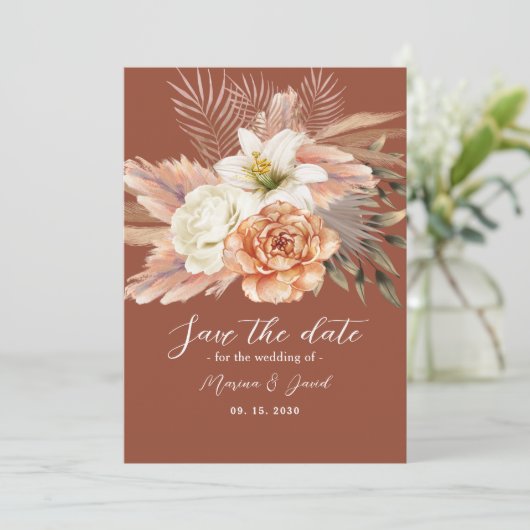 Rustic Boho Floral Terracotta Wedding Save The Date (Stehend Vorderseite)