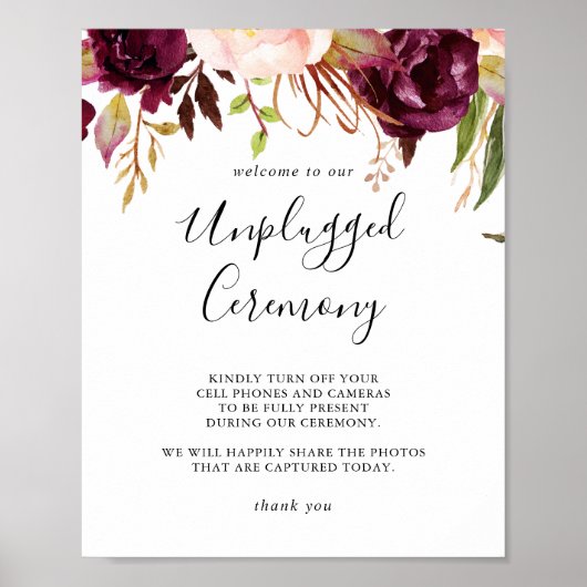 Rustic Boho Floral Unplugged Zeremony Sign Poster (Vorne)