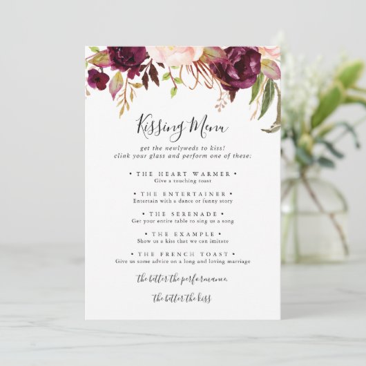 Rustic Boho Floral Wedding Kissing Menu Game Card (Stehend Vorderseite)