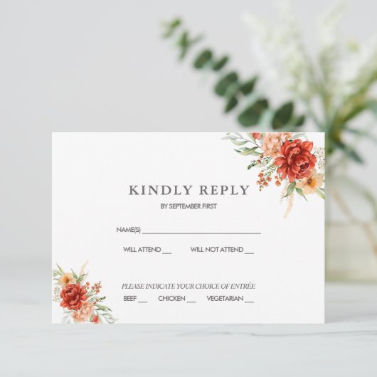 Rustic Boho Floral Wedding RSVP Einladung (Stehend Vorderseite)